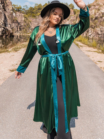 Plus Size Embroidery Contrast Tie Front Long Sleeve Robe - Sufyaa