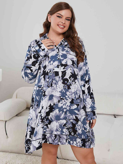Plus Size Floral Lapel Collar Long Sleeve Night Dress - Sufyaa