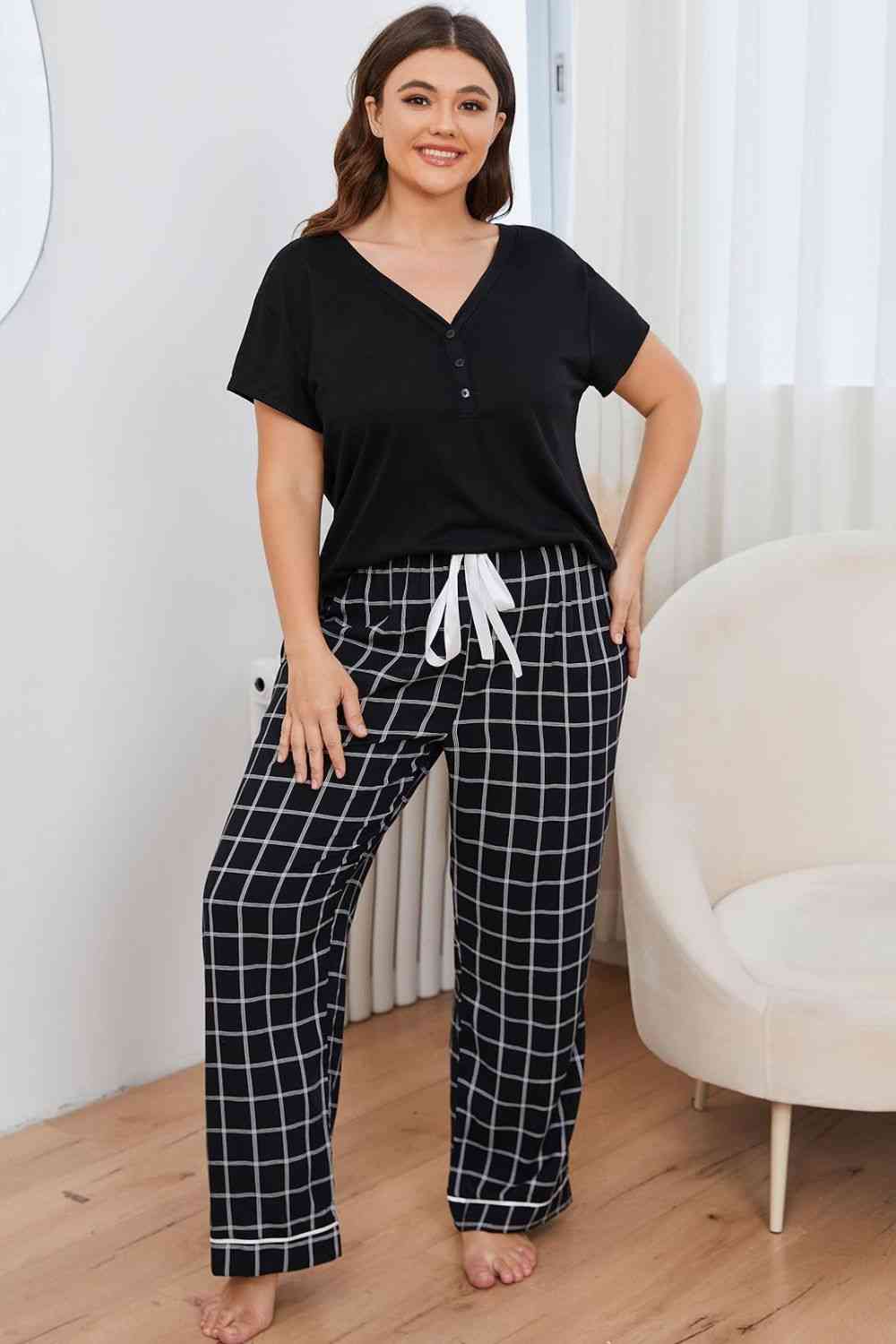 Plus Size V-Neck Top and Plaid Pants Lounge Set - Sufyaa