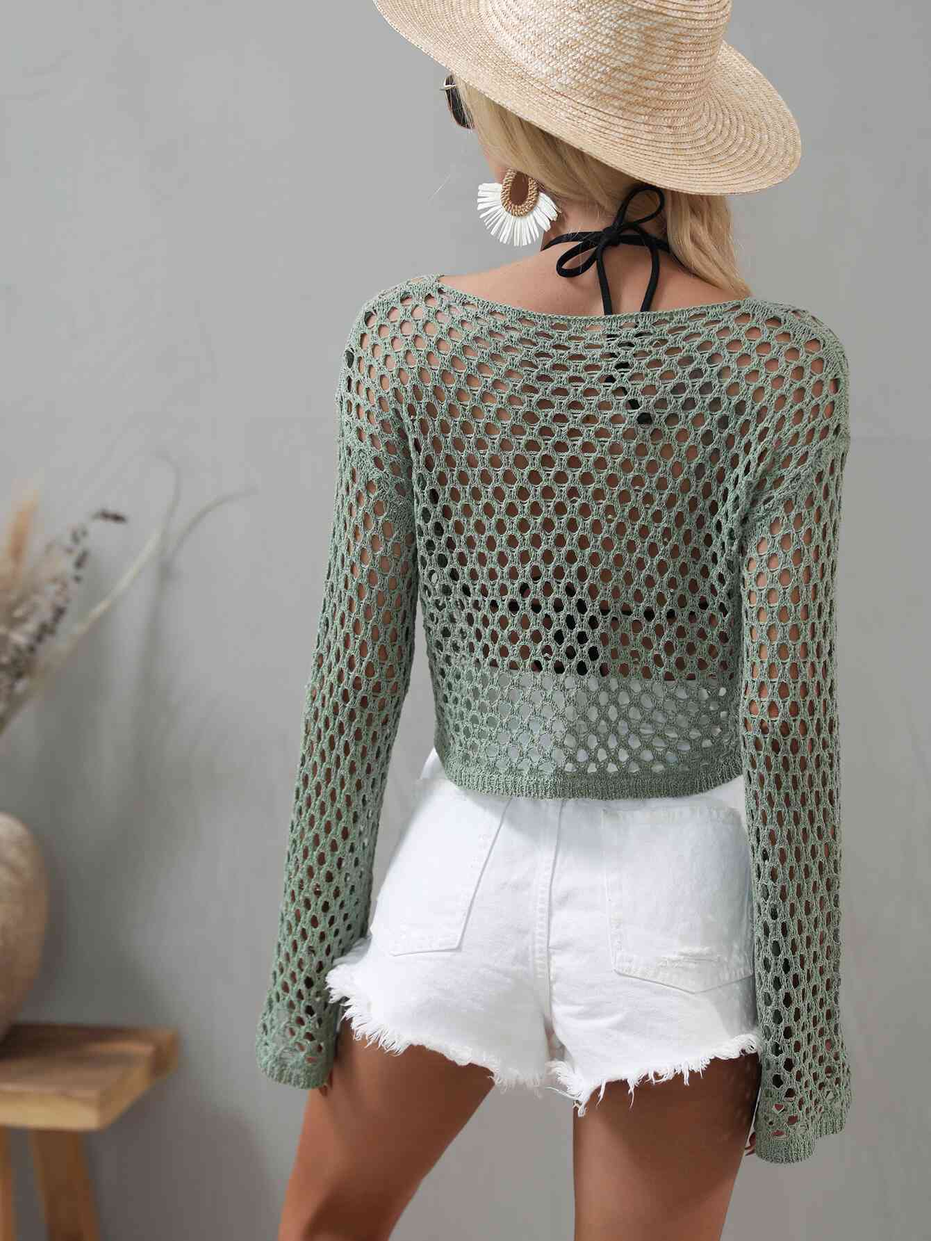 Openwork Flare Sleeve Cropped Cover Up - Sufyaa