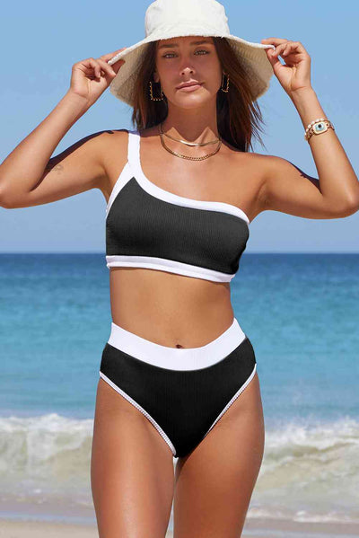 Contrast Trim Ribbed One-Shoulder Bikini Set - Sufyaa