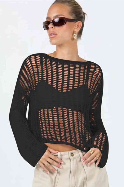 Openwork Boat Neck Long Sleeve Cover Up - Sufyaa