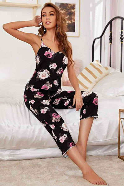 Floral V-Neck Cami and Cropped Pants Lounge Set - Sufyaa