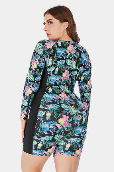 Plus Size Floral Zip Up Long Sleeve Short Wetsuit - Sufyaa