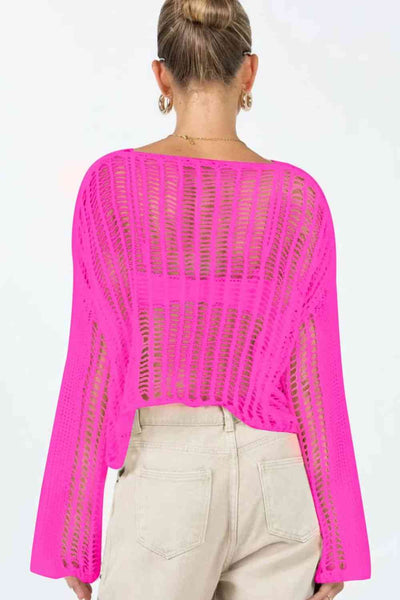 Openwork Boat Neck Long Sleeve Cover Up - Sufyaa