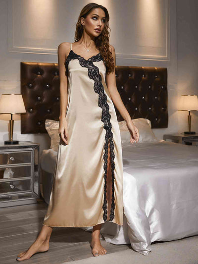 Contrast Lace Trim Spaghetti Strap Split Night Gown - Sufyaa