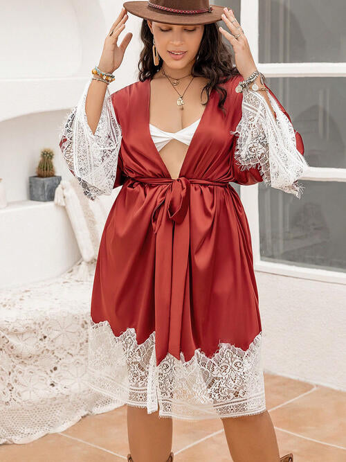 Plus Size Lace Patchwork Tie Front Robe - Sufyaa