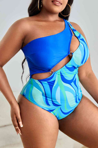 Plus Size Printed Ring Detail One-Shoulder One-Piece Swimsuit - Sufyaa