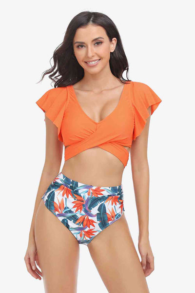 Two-Tone Flutter Sleeve Tied Two-Piece Swimsuit - Sufyaa