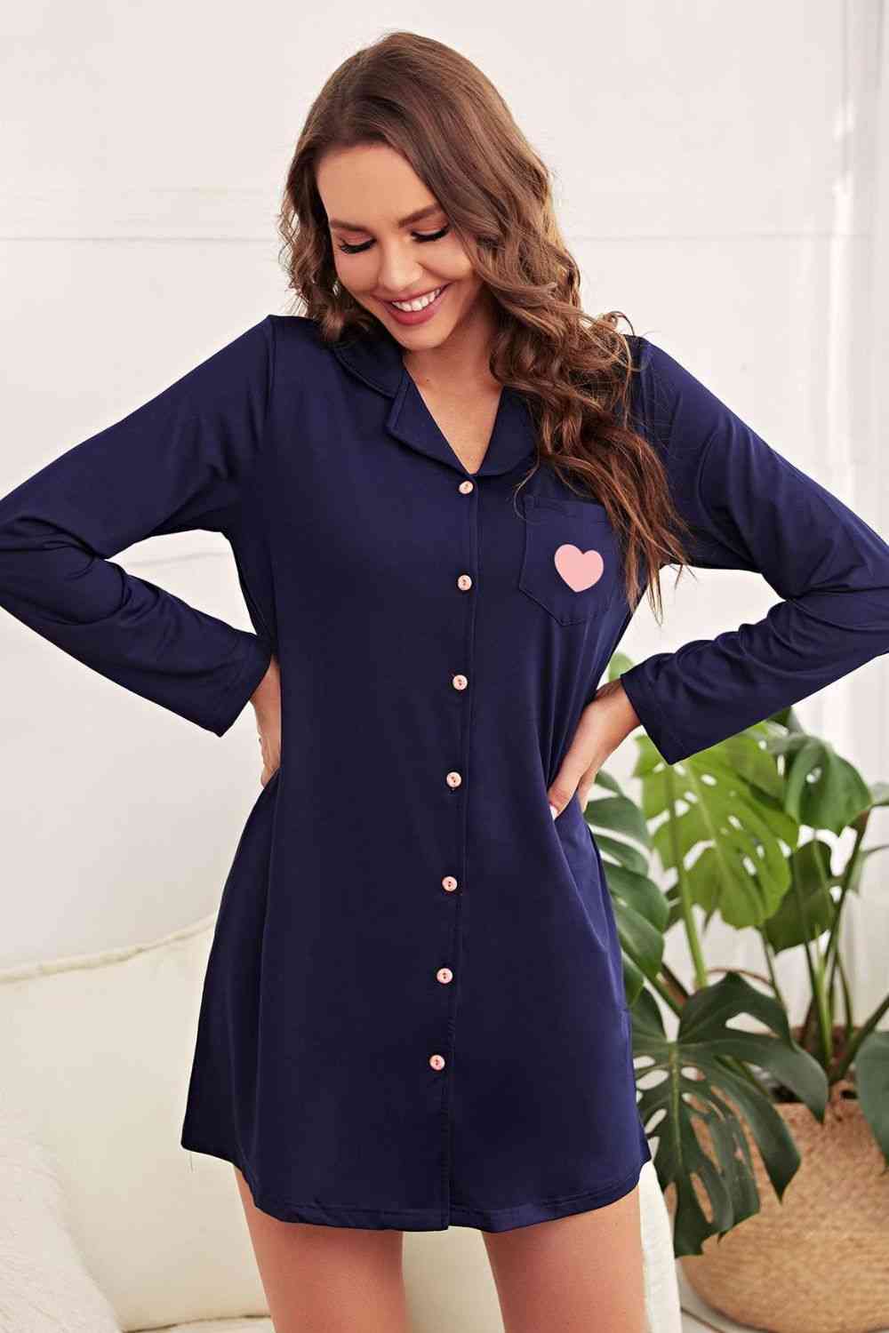 Heart Graphic Lapel Collar Night Shirt Dress - Sufyaa