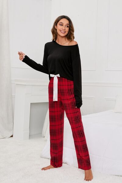 Round Neck Long Sleeve Top and Bow Plaid Pants Lounge Set - Sufyaa