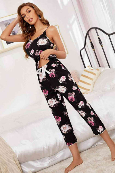 Floral V-Neck Cami and Cropped Pants Lounge Set - Sufyaa