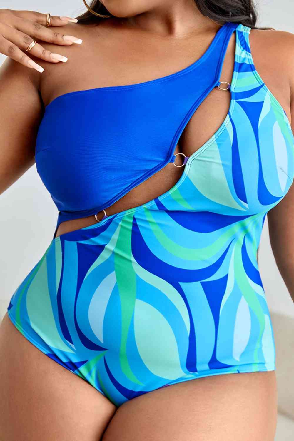 Plus Size Printed Ring Detail One-Shoulder One-Piece Swimsuit - Sufyaa