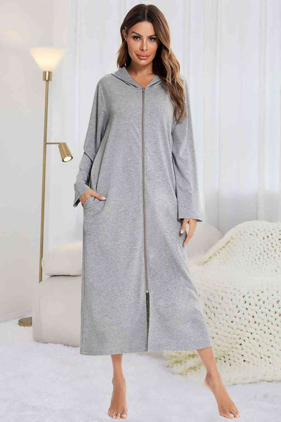 Zip Front Hooded Night Dress with Pockets - Sufyaa