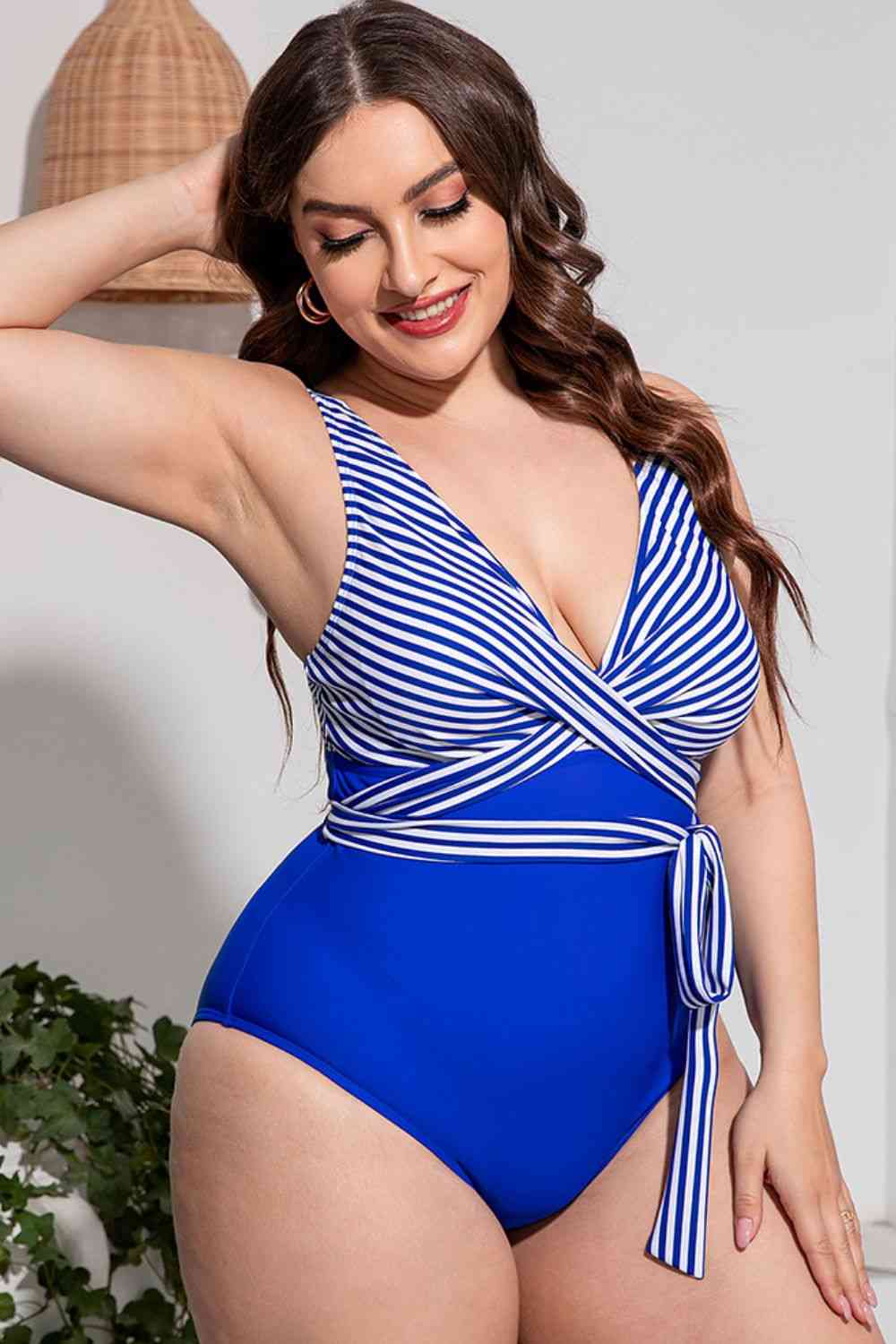 Plus Size Striped Tie-Waist One-Piece Swimsuit - Sufyaa