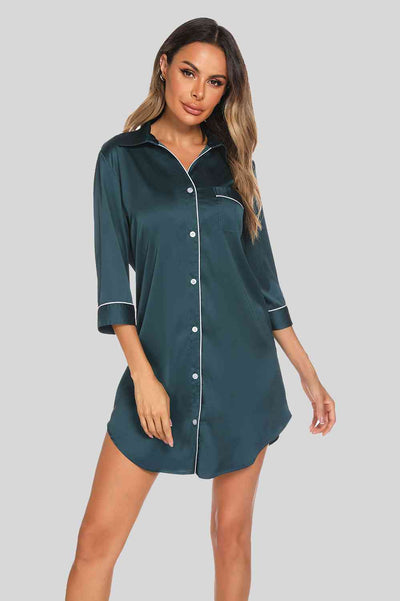 Button Up Collared Neck Night Dress with Pocket - Sufyaa