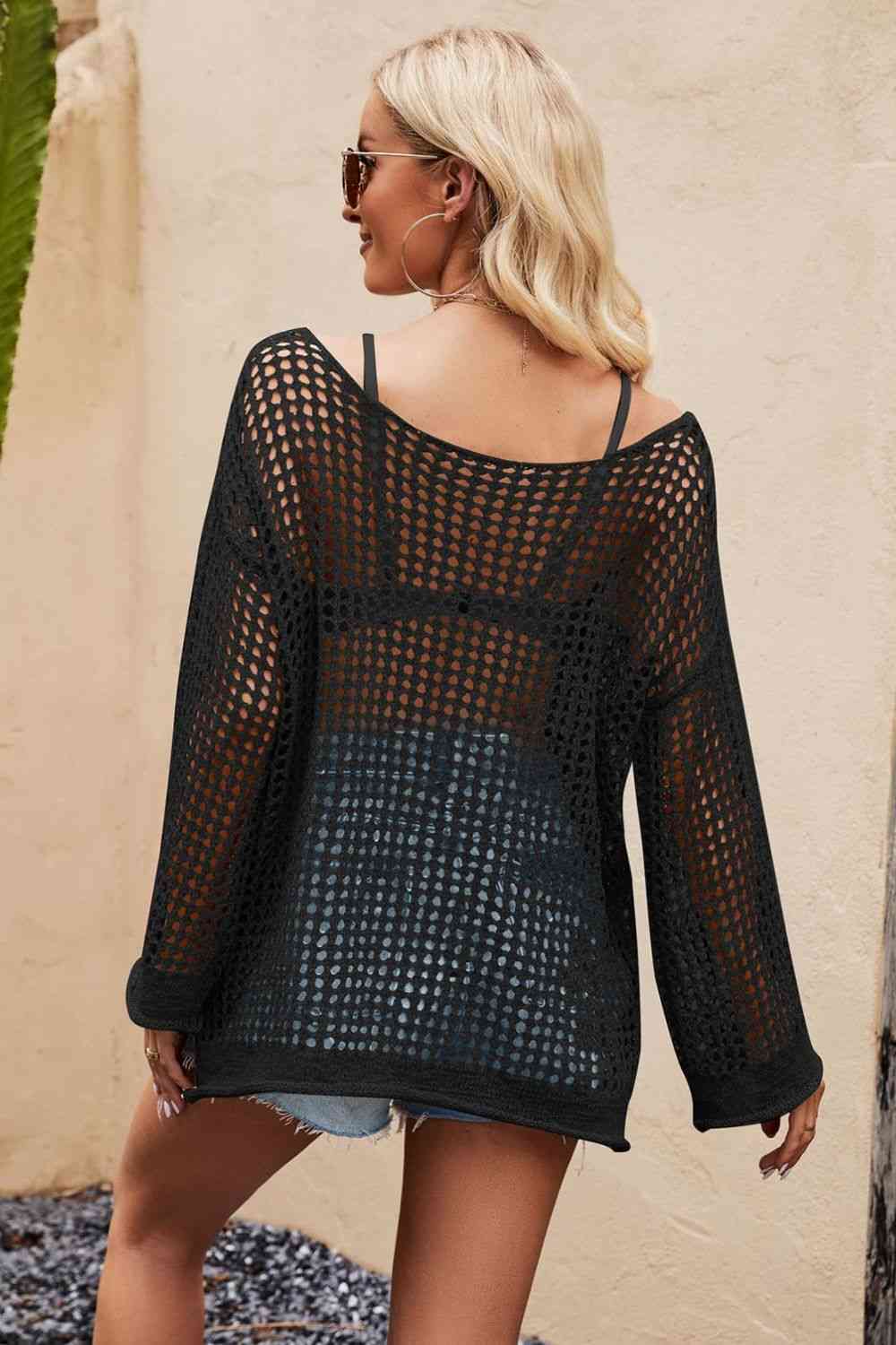 Openwork Round Neck Long Sleeve Cover Up - Sufyaa