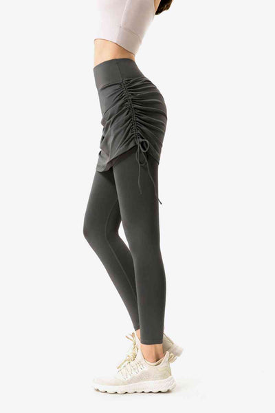 Drawstring Ruched Faux Layered Yoga Leggings - Sufyaa