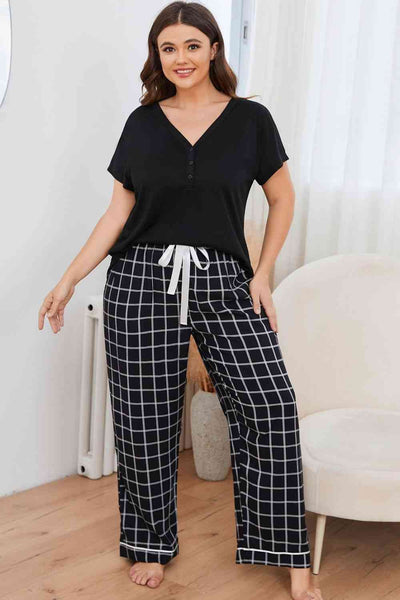 Plus Size V-Neck Top and Plaid Pants Lounge Set - Sufyaa