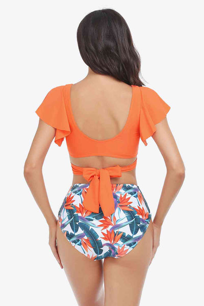 Two-Tone Flutter Sleeve Tied Two-Piece Swimsuit - Sufyaa