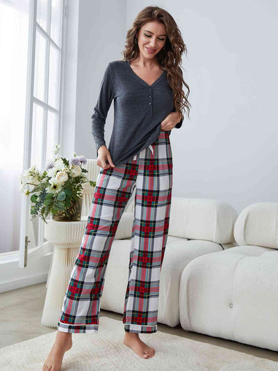 Buttoned Long Sleeve Top and Plaid Pants Lounge Set - Sufyaa